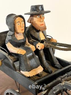 Vintage American Folk Art Carving Amish Couple Driving Horse & Buggy, 1930-50s