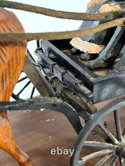 Vintage American Folk Art Carving Amish Couple Driving Horse & Buggy, 1930-50s