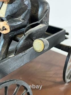 Vintage American Folk Art Carving Amish Couple Driving Horse & Buggy, 1930-50s