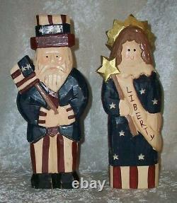 Vintage American Patriot Uncle Sam Lady Liberty Carved Wood Folk Art Sculptures