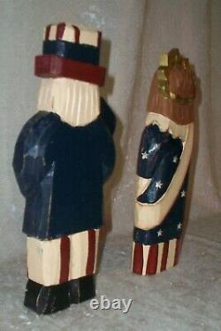Vintage American Patriot Uncle Sam Lady Liberty Carved Wood Folk Art Sculptures