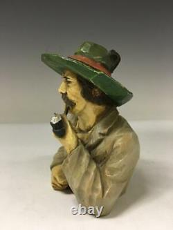 Vintage Anri Hand Carved Wood Bust Man Smoking Pipe Irish Wooden Folk Art Italy