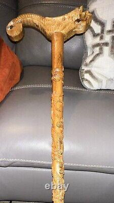 Vintage Antique Asian Primitive Folk Art Carved Wood Walking Stick Cane 36.5