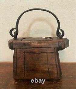 Vintage Antique Carved Primitive Folk Art Wooden Tinder Box Purse with Iron Handle