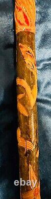 Vintage Antique Folk Art Carved Wood Snake Salamander Walking Stick Cane