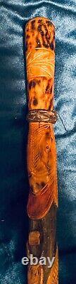 Vintage Antique Folk Art Carved Wood Snake Salamander Walking Stick Cane