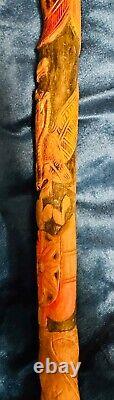 Vintage Antique Folk Art Carved Wood Snake Salamander Walking Stick Cane