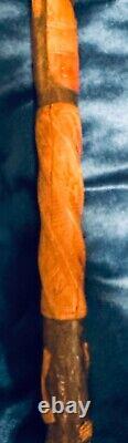 Vintage Antique Folk Art Carved Wood Snake Salamander Walking Stick Cane