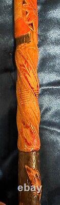 Vintage Antique Folk Art Carved Wood Snake Salamander Walking Stick Cane