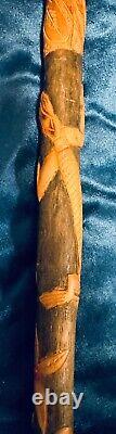 Vintage Antique Folk Art Carved Wood Snake Salamander Walking Stick Cane
