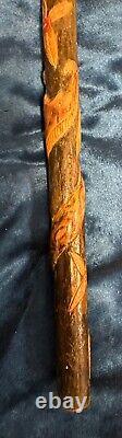 Vintage Antique Folk Art Carved Wood Snake Salamander Walking Stick Cane