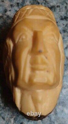 Vintage Antique Folk Art Hand Carved Tagua Nut Indian Chief Head Portrait Cameo