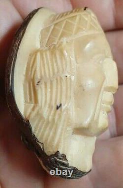 Vintage Antique Folk Art Hand Carved Tagua Nut Indian Chief Head Portrait Cameo