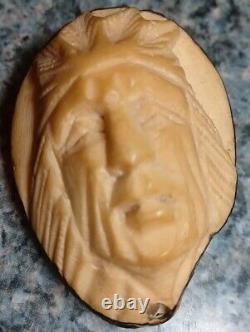 Vintage Antique Folk Art Hand Carved Tagua Nut Indian Chief Head Portrait Cameo