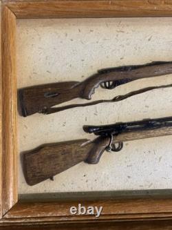 Vintage / Antique Pair Of Hand Carved Folk Art Framed Rifles Guns Sculpture