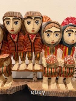 Vintage Anton Kaminski Folk Art Polychrome Wood Carving of Man Women & Children