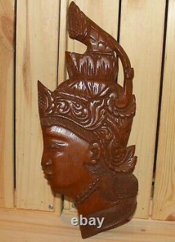 Vintage Asian Hindu folk art hand carving wood wall hanging plaque
