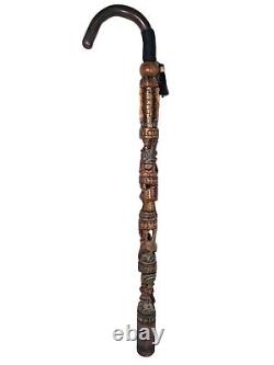 Vintage Aztec Tiki Tribal Hand Carved Walking Stick Wood Bird Face Cane Folk ART