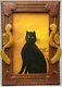 Vintage Barbara Strawser Signed Pa Folk Art Painting Black Cat Carved Wood Frame