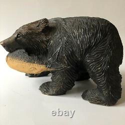 Vintage Bear Japanese Ainu Hand Carved Wood Folk Art Salmon Fish Sculpture 10