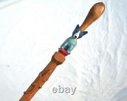 Vintage Blue Dog Cane Carved Hand Painted Signed Folk Art American Walking Stick