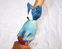 Vintage Blue Dog Cane Carved Hand Painted Signed Folk Art American Walking Stick