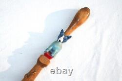 Vintage Blue Dog Cane Carved Hand Painted Signed Folk Art American Walking Stick