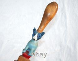 Vintage Blue Dog Cane Carved Hand Painted Signed Folk Art American Walking Stick