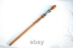 Vintage Blue Dog Cane Carved Hand Painted Signed Folk Art American Walking Stick