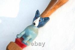 Vintage Blue Dog Cane Carved Hand Painted Signed Folk Art American Walking Stick