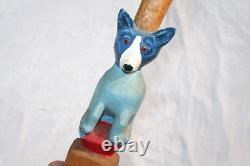 Vintage Blue Dog Cane Carved Hand Painted Signed Folk Art American Walking Stick