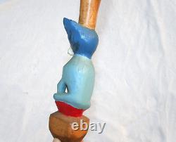 Vintage Blue Dog Cane Carved Hand Painted Signed Folk Art American Walking Stick