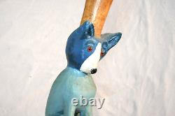 Vintage Blue Dog Cane Carved Hand Painted Signed Folk Art American Walking Stick
