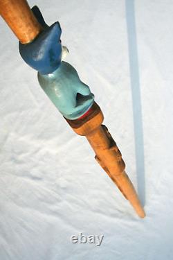 Vintage Blue Dog Cane Carved Hand Painted Signed Folk Art American Walking Stick