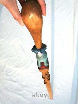 Vintage Blue Dog Cane Carved Hand Painted Signed Folk Art American Walking Stick