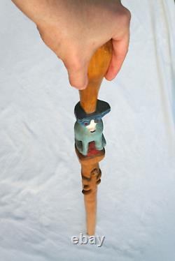 Vintage Blue Dog Cane Carved Hand Painted Signed Folk Art American Walking Stick