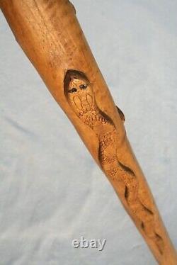 Vintage Blue Dog Cane Carved Hand Painted Signed Folk Art American Walking Stick