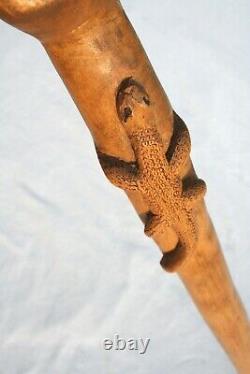 Vintage Blue Dog Cane Carved Hand Painted Signed Folk Art American Walking Stick