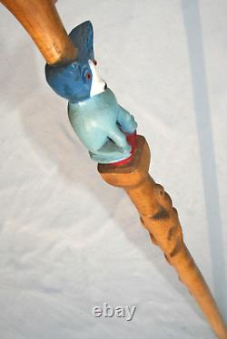 Vintage Blue Dog Cane Carved Hand Painted Signed Folk Art American Walking Stick