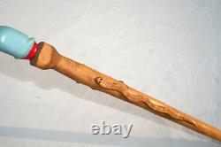 Vintage Blue Dog Cane Carved Hand Painted Signed Folk Art American Walking Stick