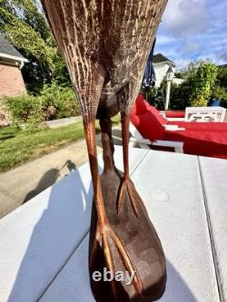 Vintage Blue Heron Hand-Carved Wood Bird Decoy Folk Art Large Sculpture Rare