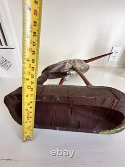 Vintage Blue Heron Hand-Carved Wood Bird Decoy Folk Art Large Sculpture Rare