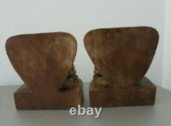 Vintage Book Ends Skull & Heart Carved Wood Folk Art New Mexico Rare
