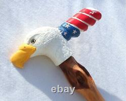 Vintage Carved Eagle Cane Wood Folk Art Signed Walking Stick Painted Americana