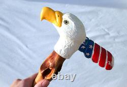 Vintage Carved Eagle Cane Wood Folk Art Signed Walking Stick Painted Americana