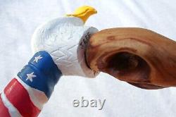 Vintage Carved Eagle Cane Wood Folk Art Signed Walking Stick Painted Americana