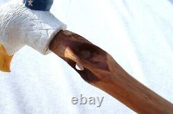 Vintage Carved Eagle Cane Wood Folk Art Signed Walking Stick Painted Americana