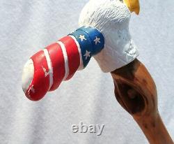 Vintage Carved Eagle Cane Wood Folk Art Signed Walking Stick Painted Americana