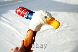 Vintage Carved Eagle Cane Wood Folk Art Signed Walking Stick Painted Americana