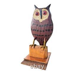 Vintage Carved Folk Art Wood Owl Sculpture Glass Eyes Signed by Carl Scharver